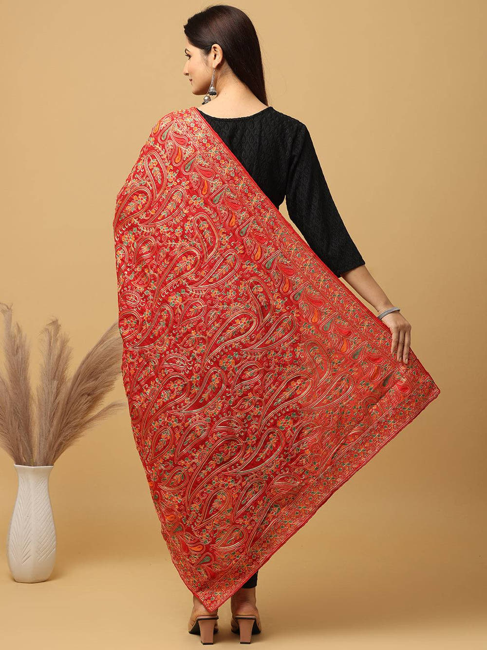 Back view of red poly chiffon pashmina dupatta with embroidery