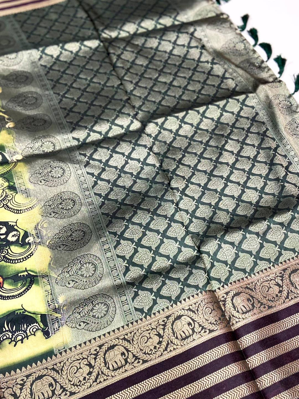 Parrot Green Kalamkari Printed Banarasi Saree