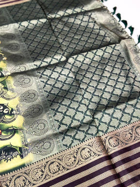 Parrot Green Kalamkari Printed Banarasi Saree