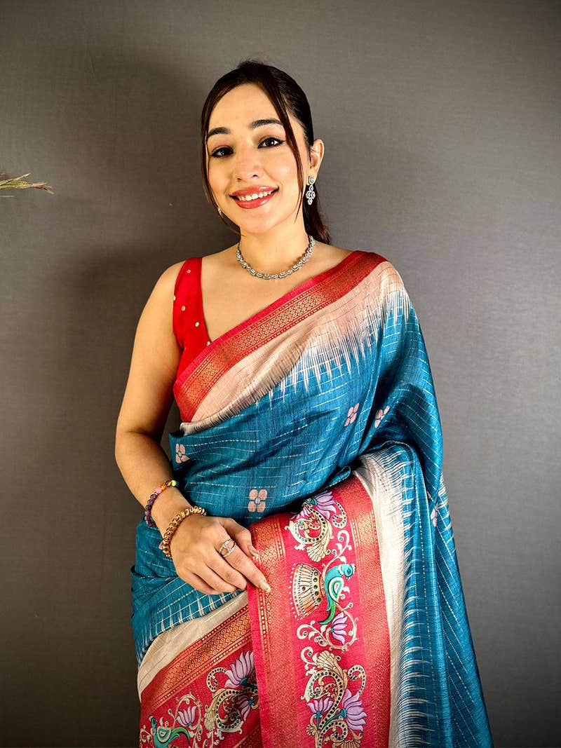 Blue Tanjore Art Semi Silk Saree