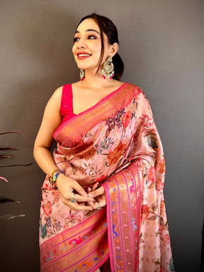 Pastel Pink Paithani Border Kora Tissue Saree