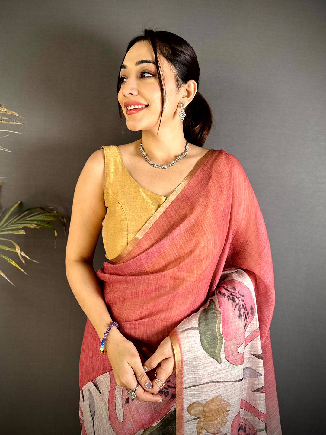 Pink Swan Gold Zari Linen Saree