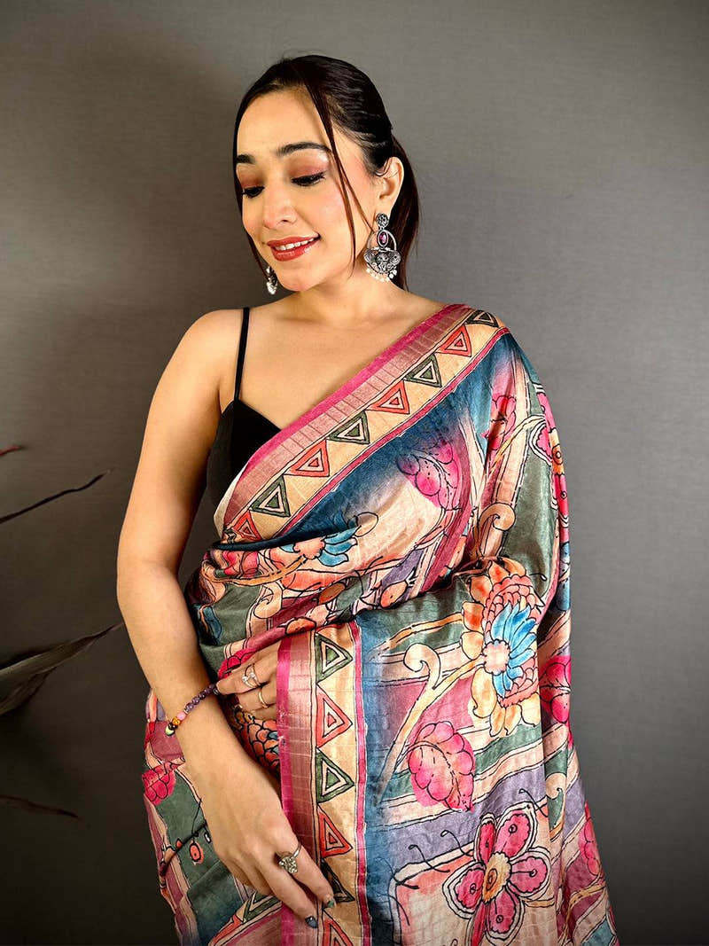 Stylish Tussar Rainbow Striped Saree
