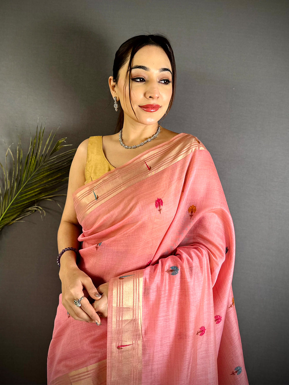 Pink Geometric Patola Khadi Linen Saree
