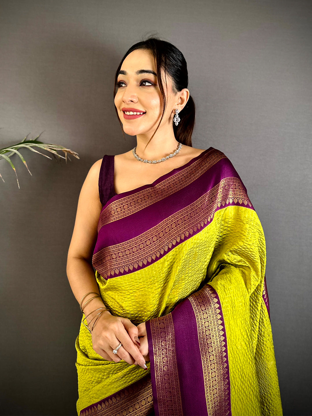 Lime Banarasi Katan Silk Saree