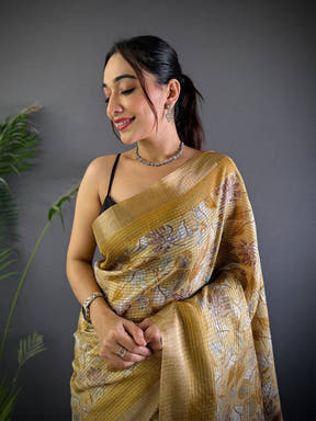 Mustard Tussar Chex Floral Print Saree

