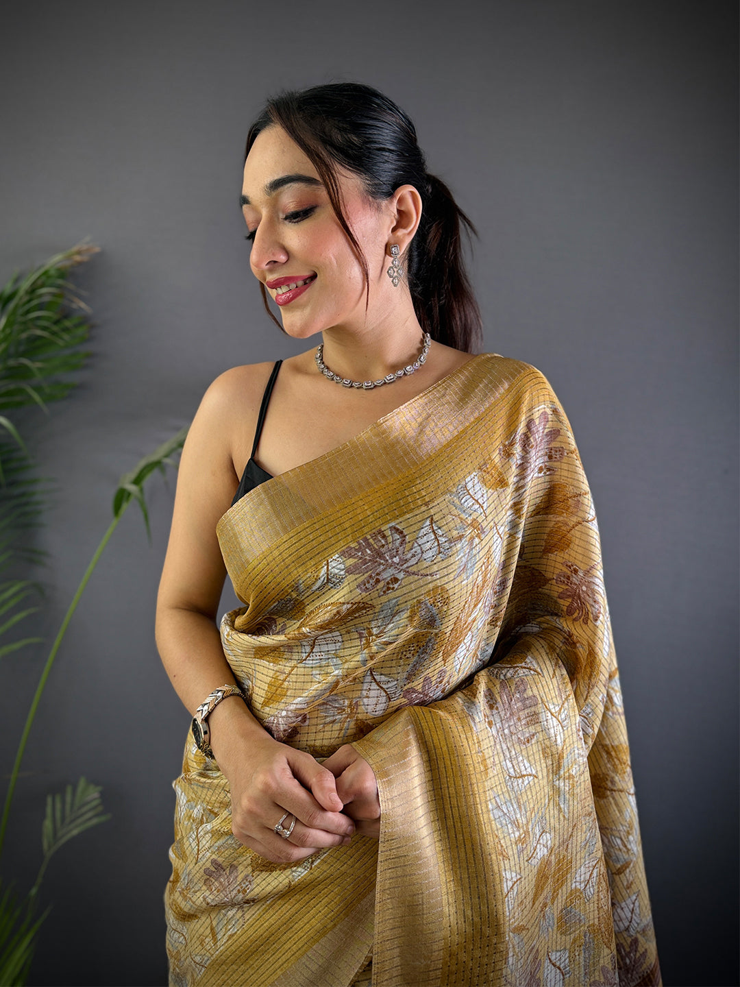 Mustard Tussar Chex Floral Print Saree