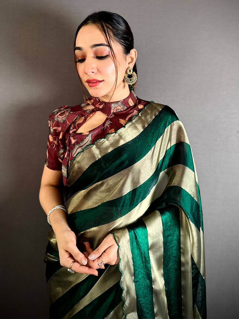 Stylish Shiny Silk Striped Print Saree