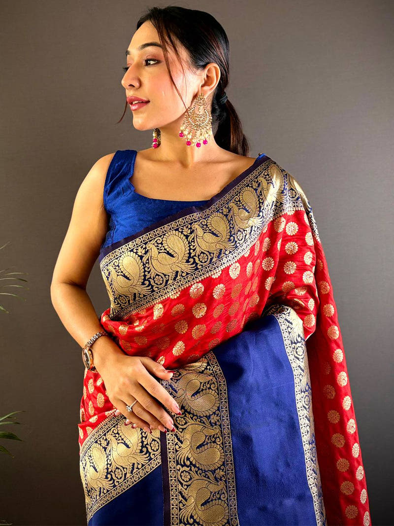 Red Banarasi Silk Saree With Pattu Zari Border