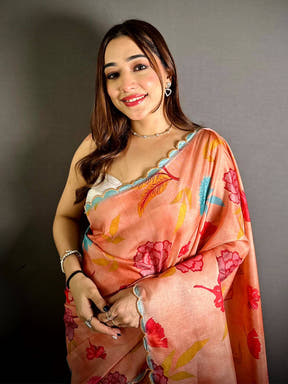 Tussar Floral Print Cutwork Border Saree