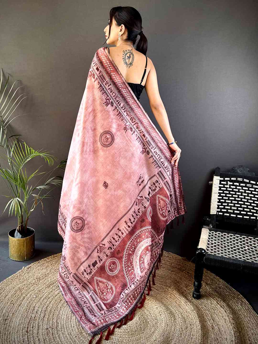 Dusty Rose Warli Print Tissue Chanderi Saree