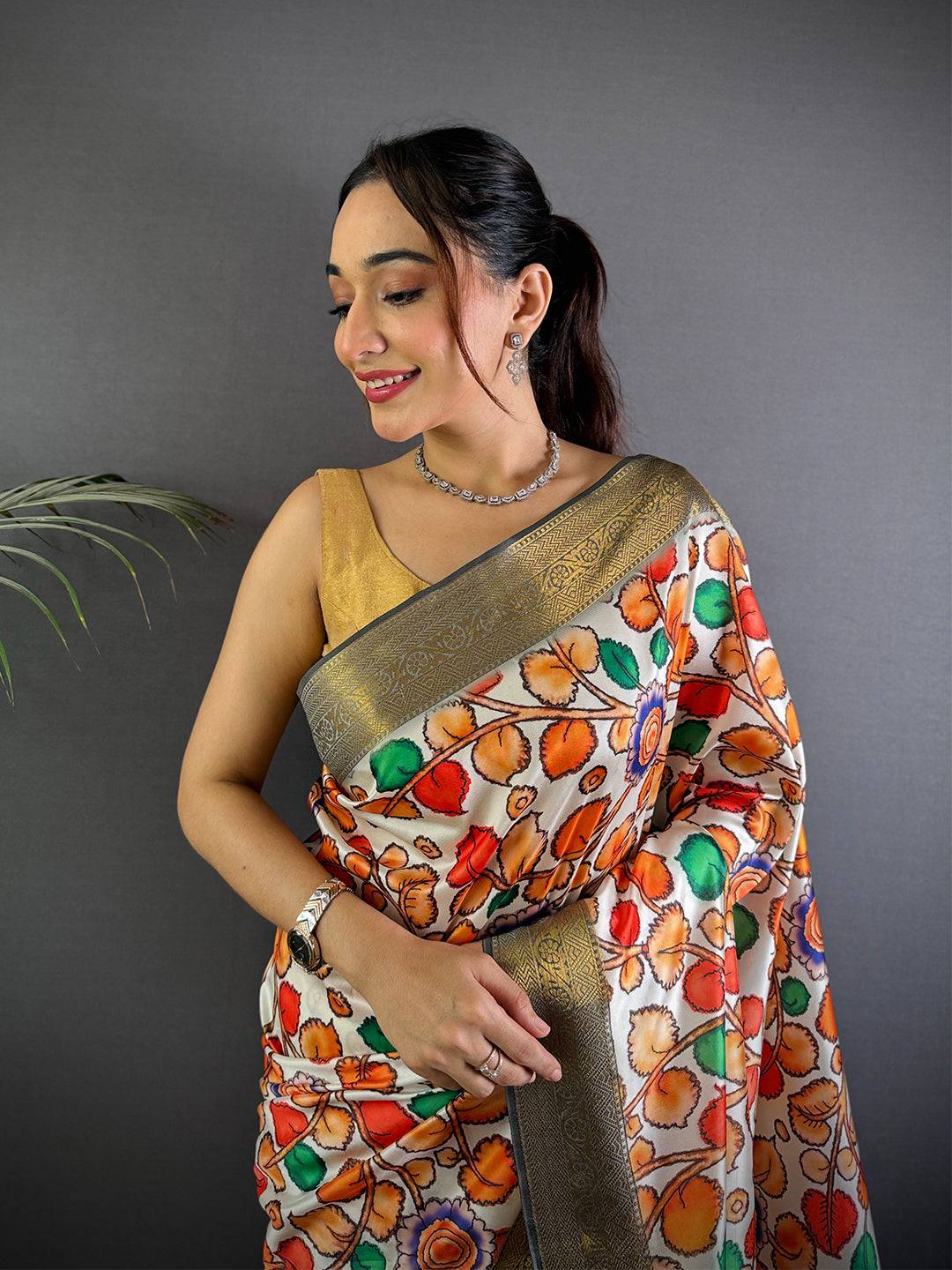 Radiant Floral Kalamkari Digital Print Saree