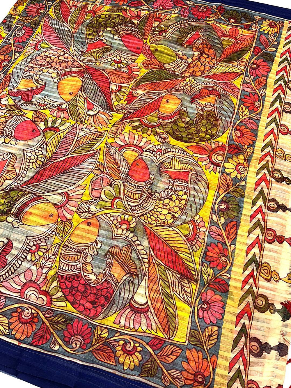 Intricate fish motifs on Kalamkari Linen Saree
