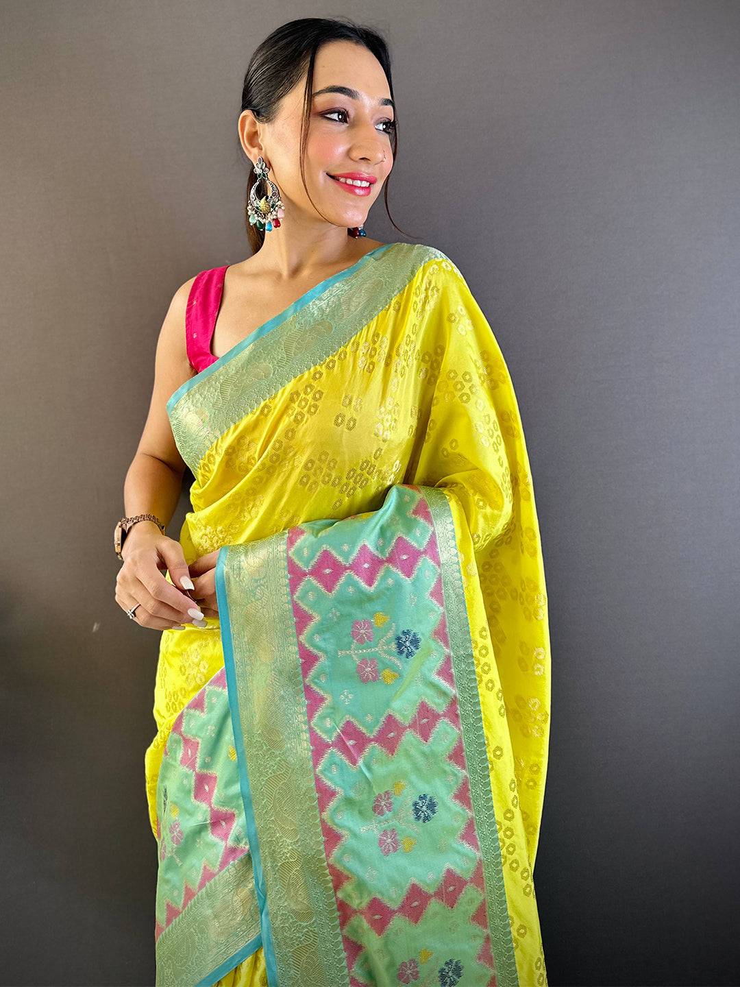 Lime Yellow Katan Silk Ikkat Saree