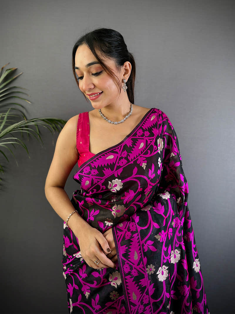 Black Dhakai Jamdani Cotton Silk Saree