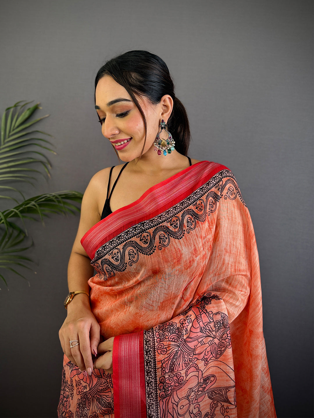 Red Linen Kalamkari Printed Saree