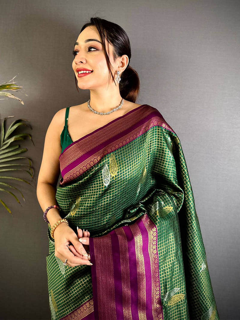 Green Golden Chex Katan Silk Saree