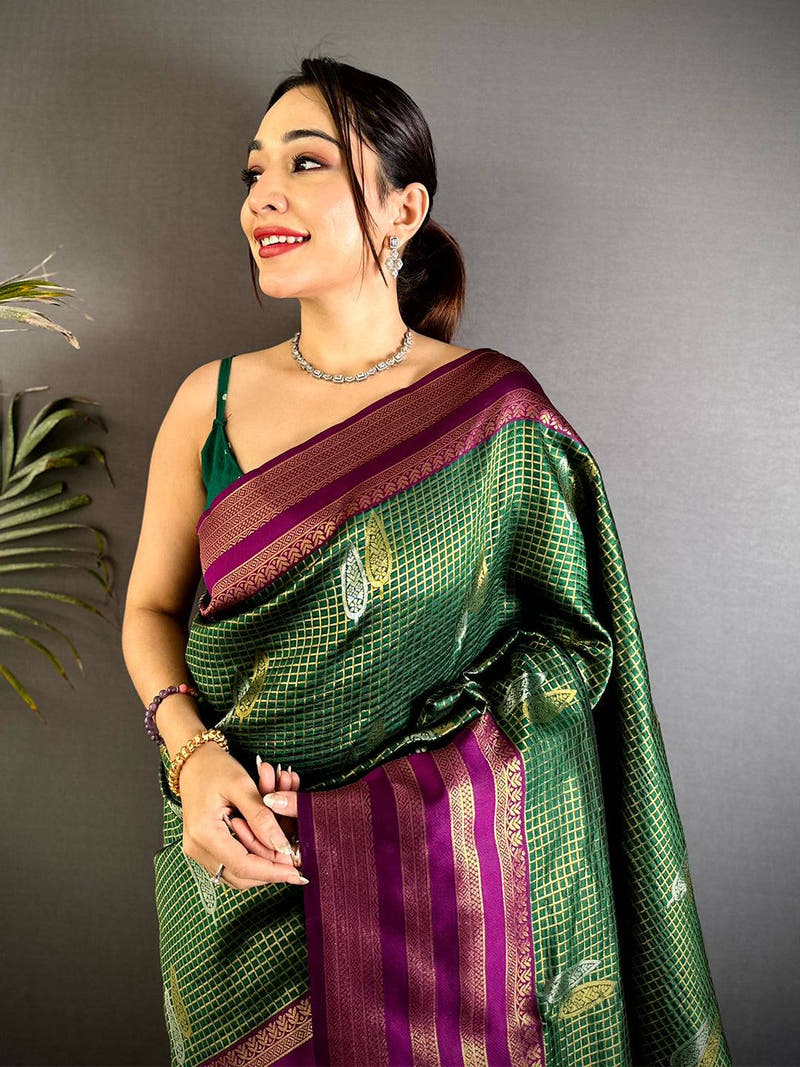 Green Golden Chex Katan Silk Saree
