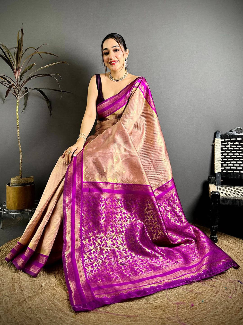 Peach Banarasi Katan Silk Gadwal Zari Saree