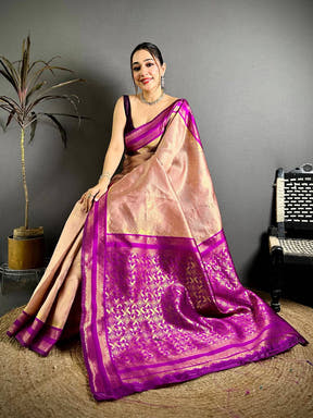 Peach Banarasi Katan Silk Gadwal Zari Saree