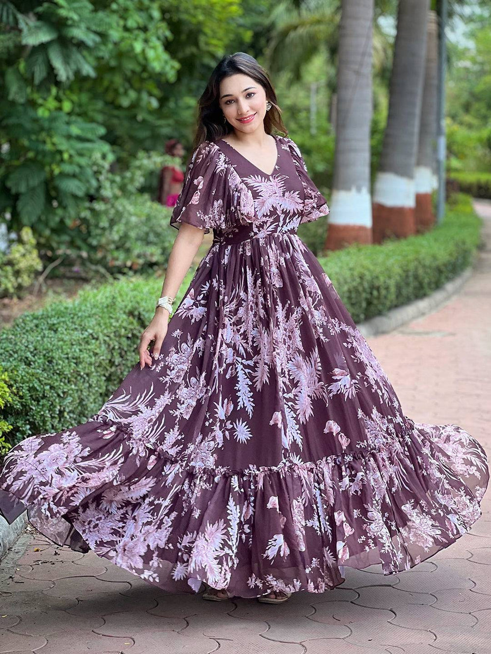Floral print Antheaa Coffee V-neck Maxi dress