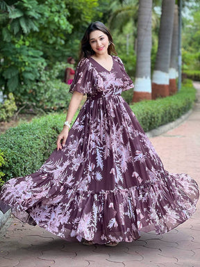 Floral print Antheaa Coffee V-neck Maxi dress