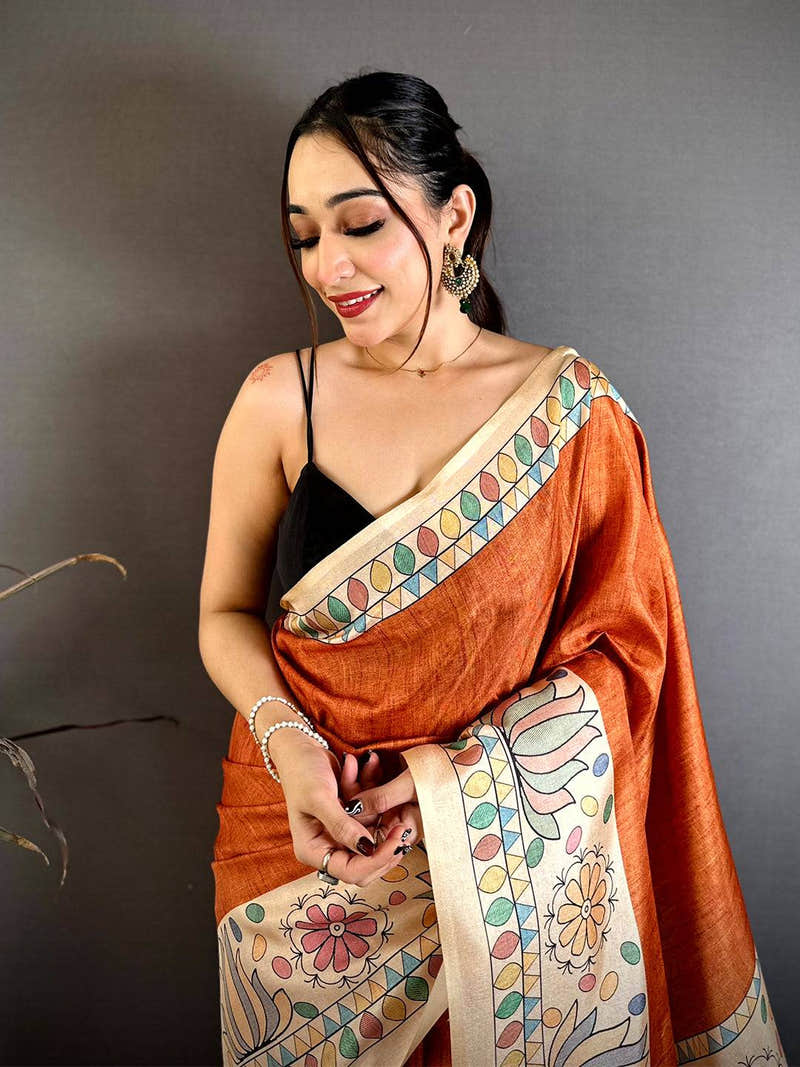 Royal Tussar Madhubani Print Border Saree