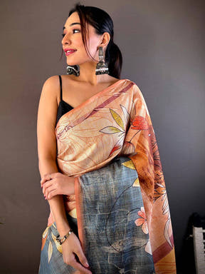 Light Orange Semi Zari Tussar Floral Saree draped elegantly