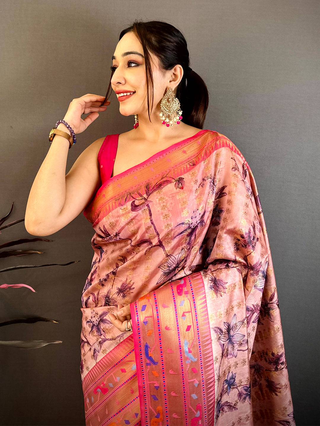 Dark Peach Paithani Border Kora Tissue Saree