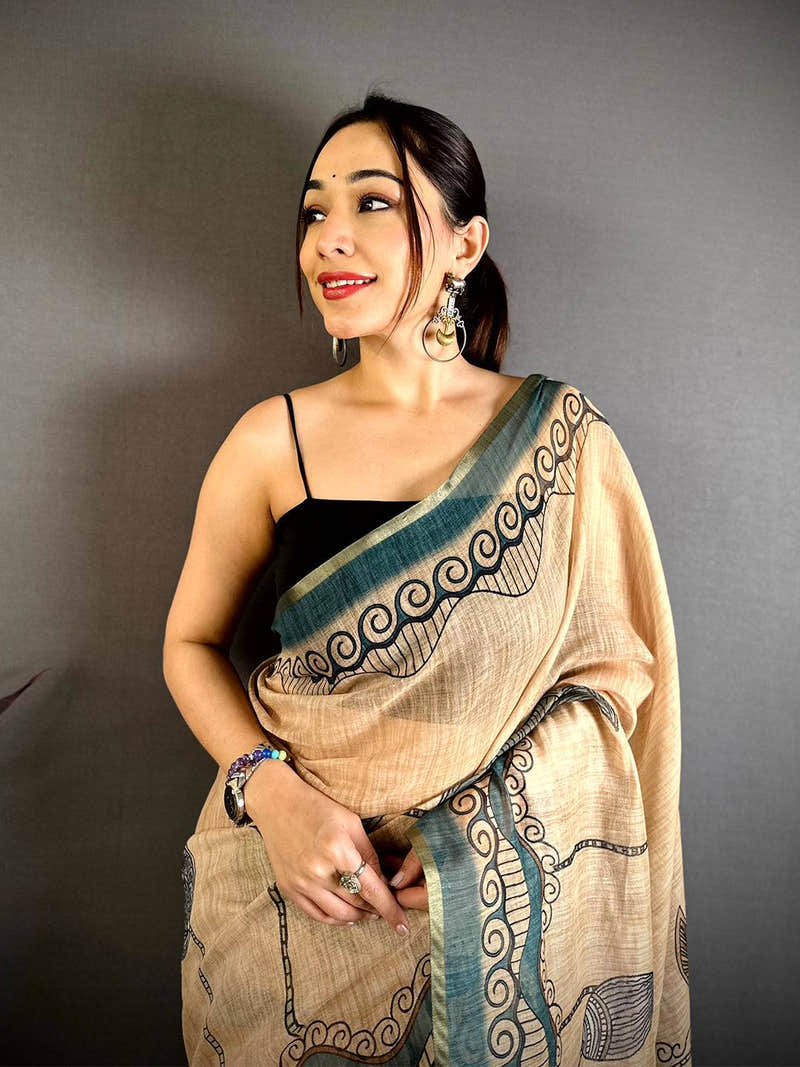 Heritage Freehand Kalamkari Linen Saree