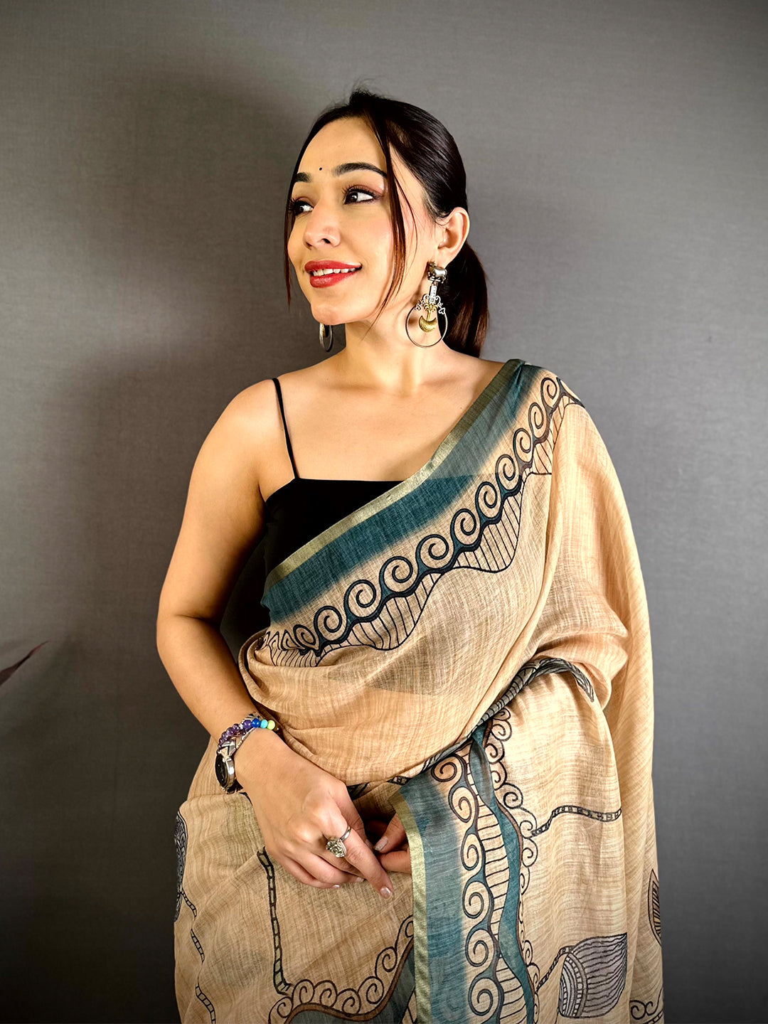 Heritage Freehand Kalamkari Linen Saree