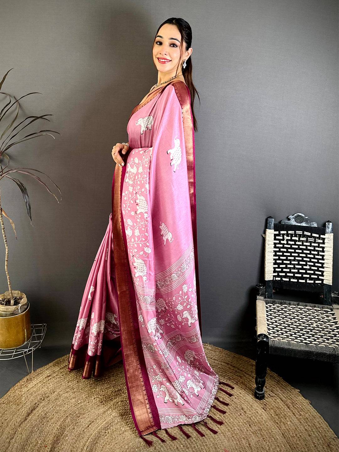 Pink Soft Dola Block Kalamkari Zari Saree