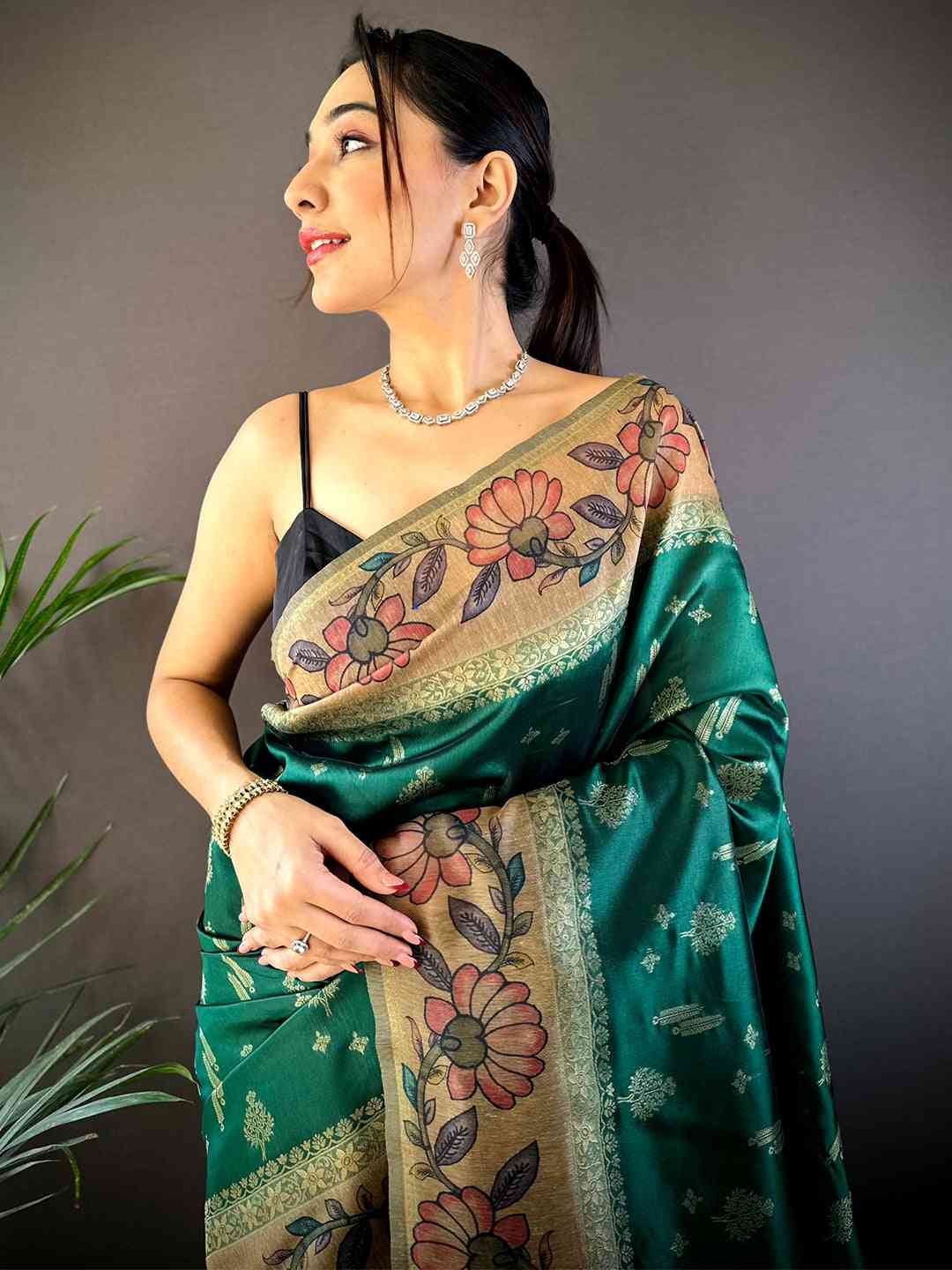 Green Soft Silk Kalamkari Printed Pallu Saree