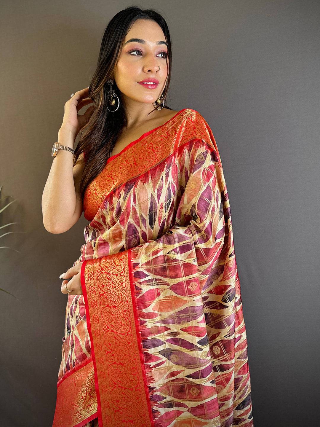 Red Kovai Rettapet Border Geometric Saree
