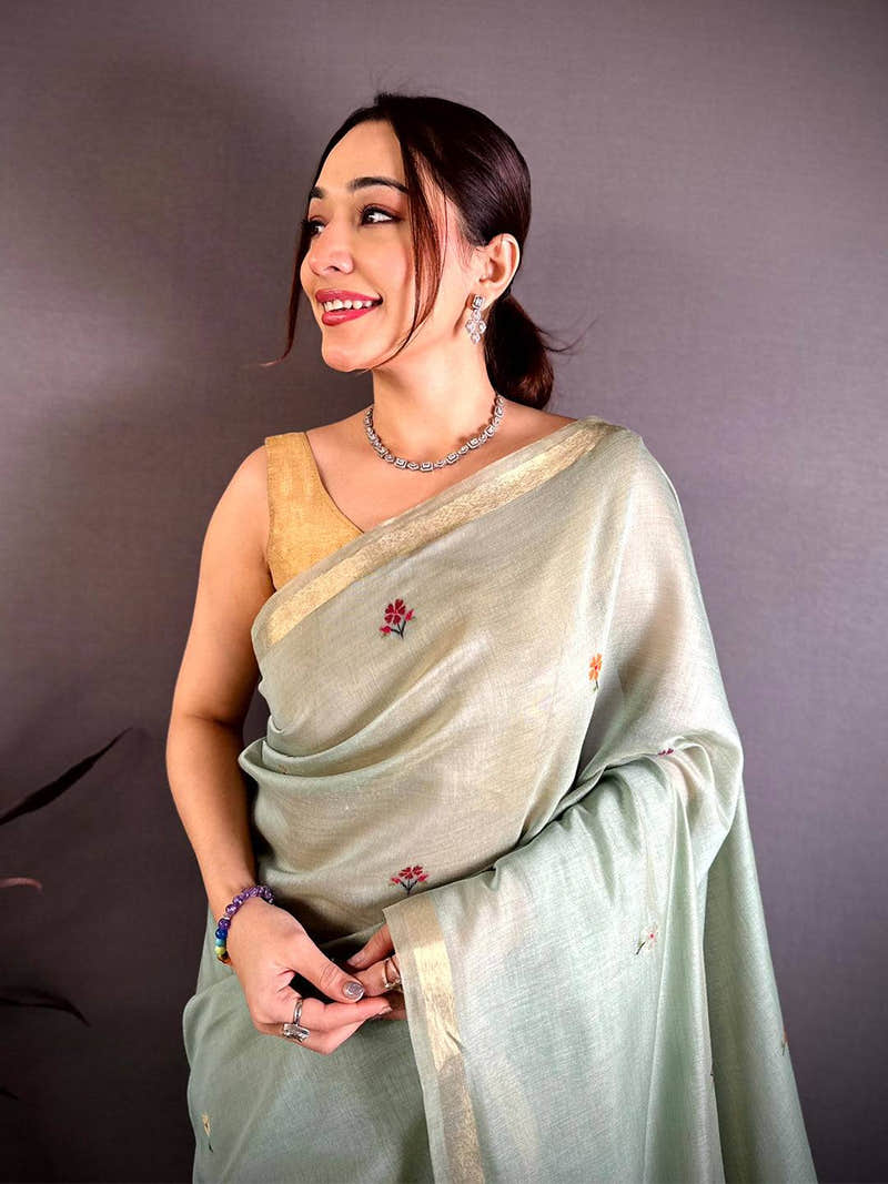 Sky Blue Minakari Khadi Cotton Saree
