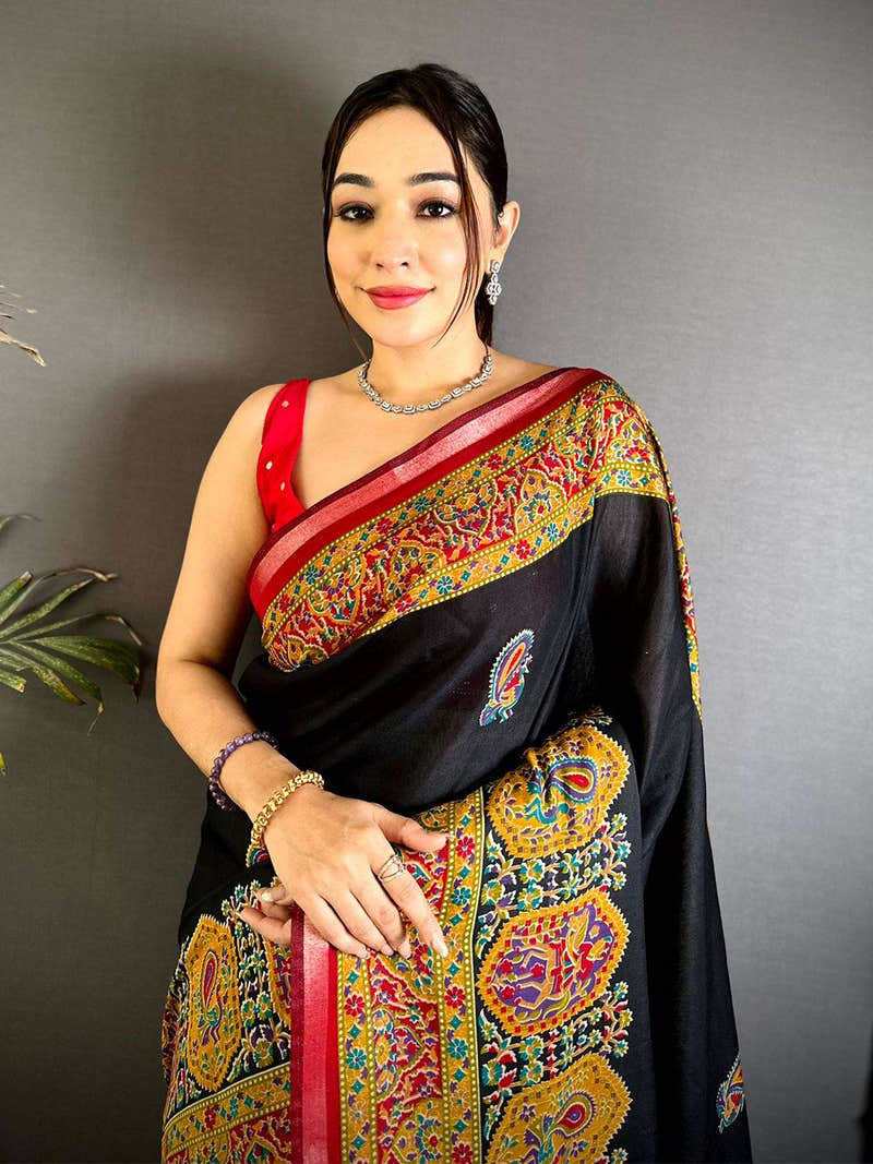 Black Kalamkari Pashmina Cotton Saree