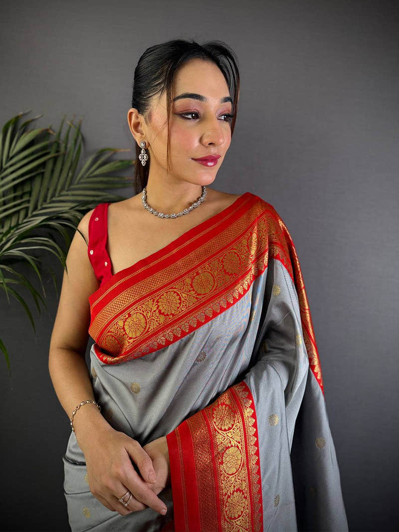 Regal Grey Gold Zari Butta Saree