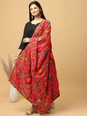 Elegant red Bollywood poly chiffon pashmina dupatta draped.