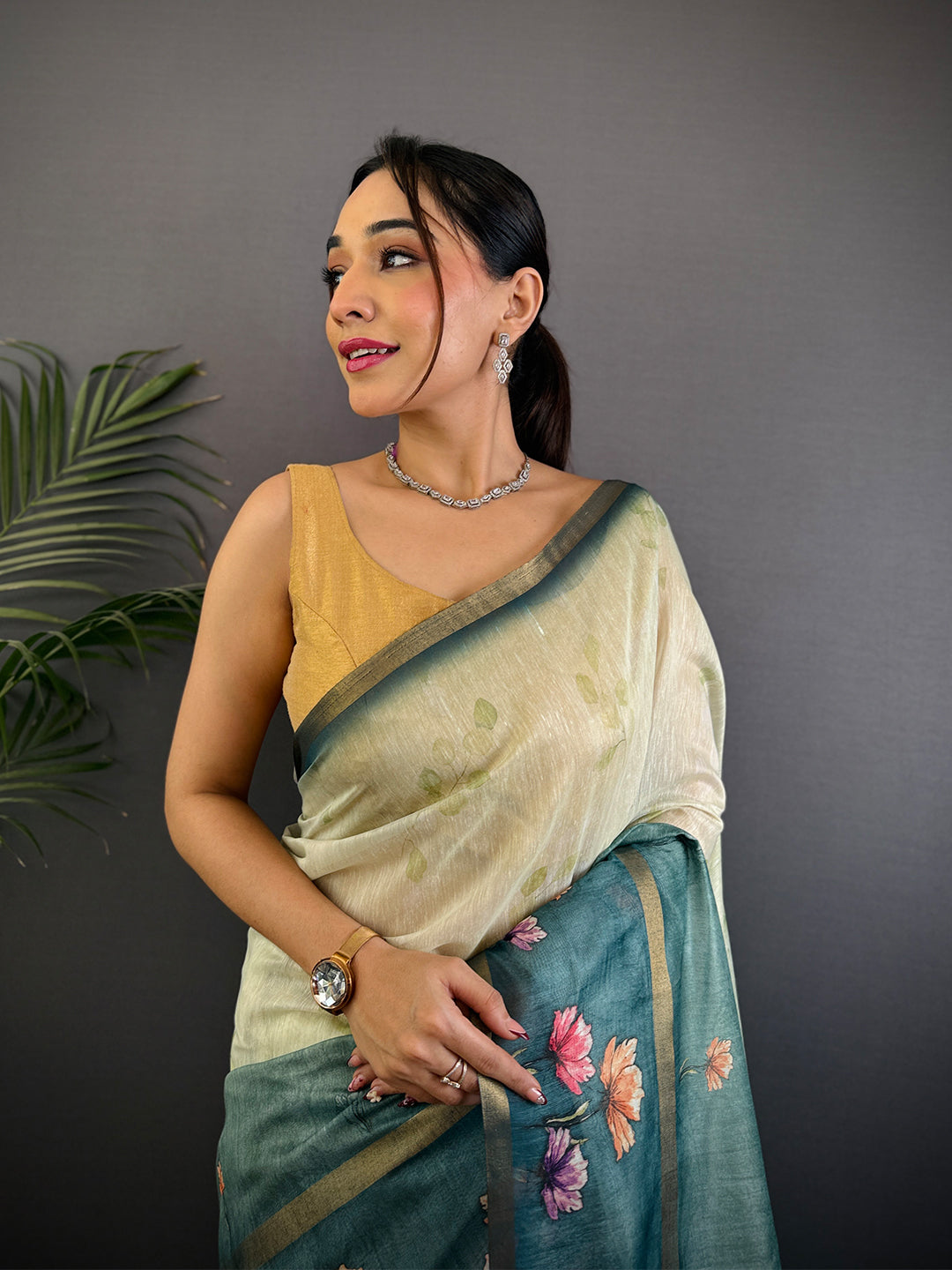 Teal Blue Linen Chanderi Floral Print Saree