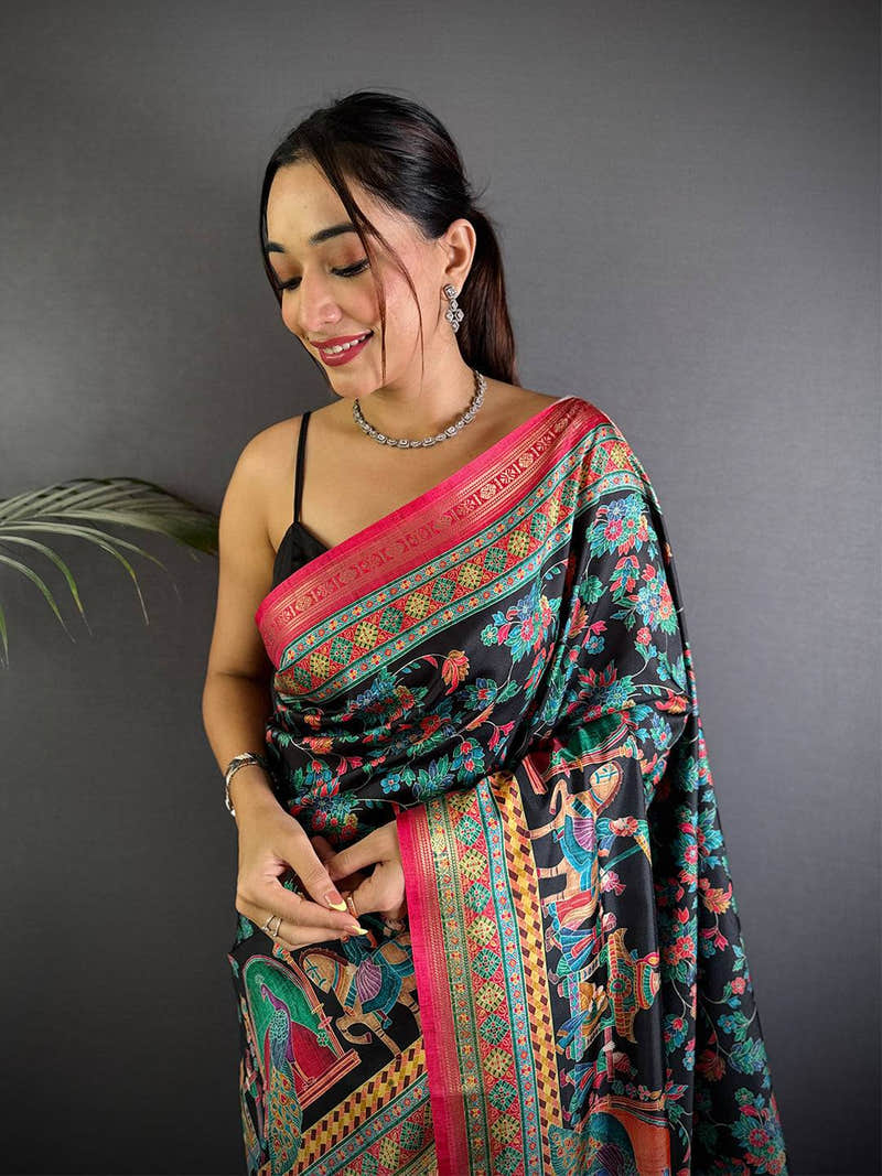 Black Soft Silk Pashmina Kashmiri Print Saree