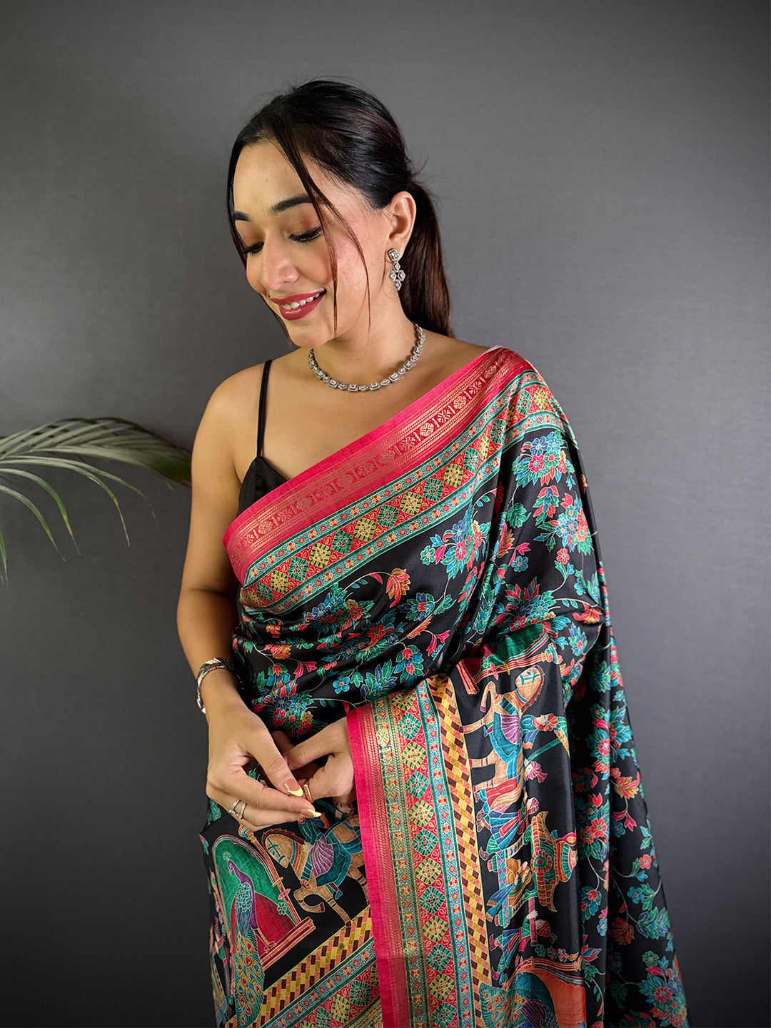Black Soft Silk Pashmina Kashmiri Print Saree