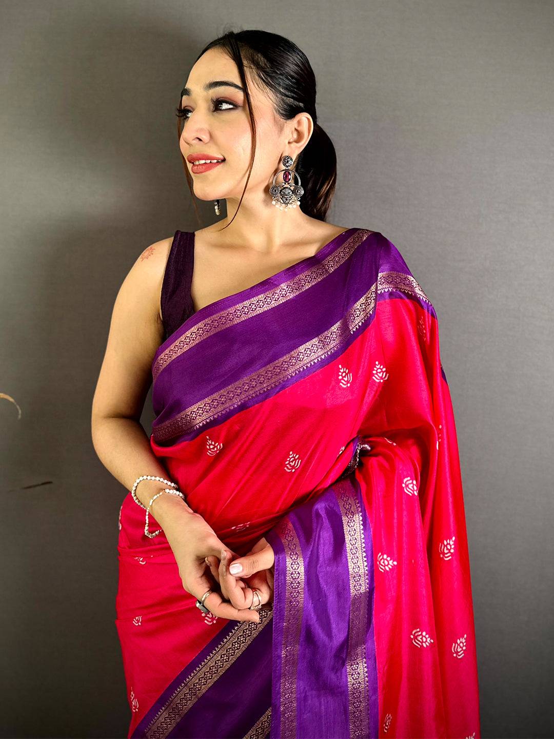 Rani Pink Soft Dola Block Print Pallu Saree