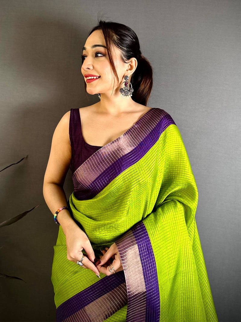 Parrot Green Tussar Zari Chex Kalamkari Saree