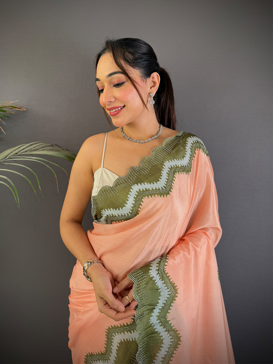 Peach Soft Chinnon Swarovski Work Saree
