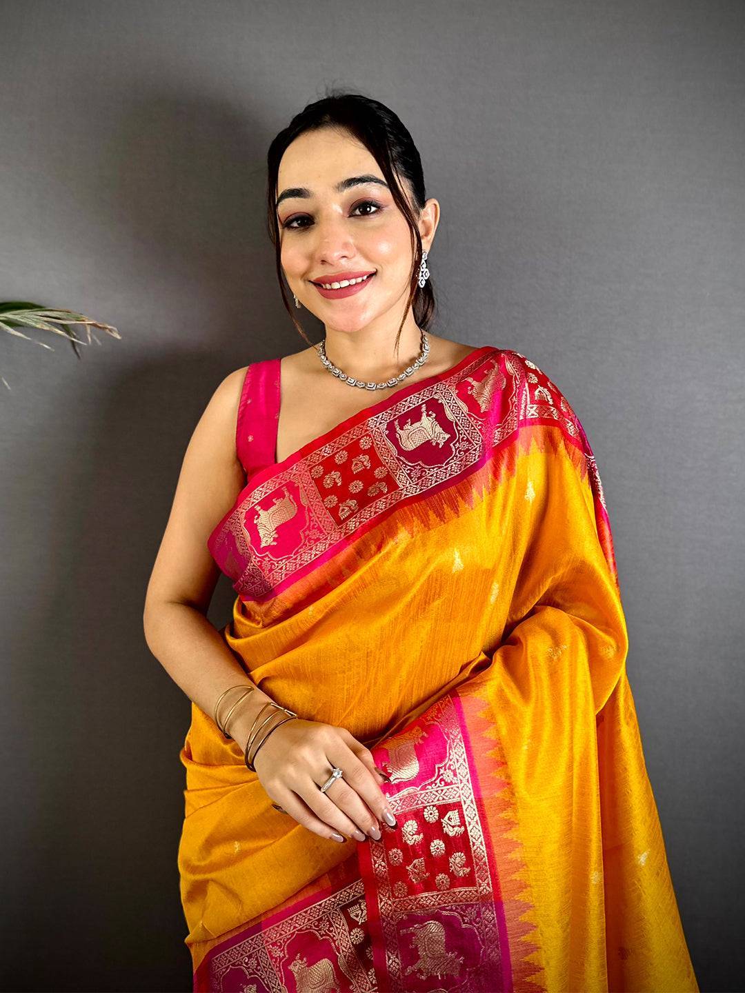Yellow Minakari Kanchi Pattu Raw Silk Saree

