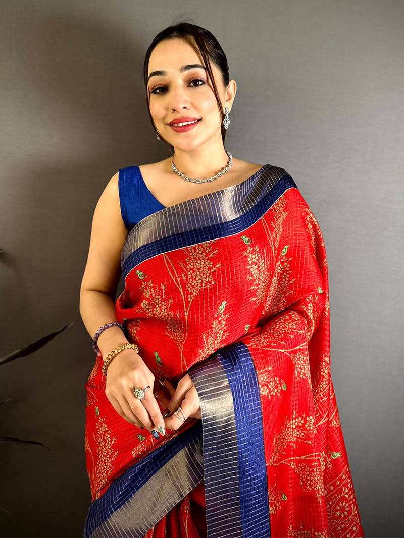 Red Tussar Zari Chex Bird Motif Saree