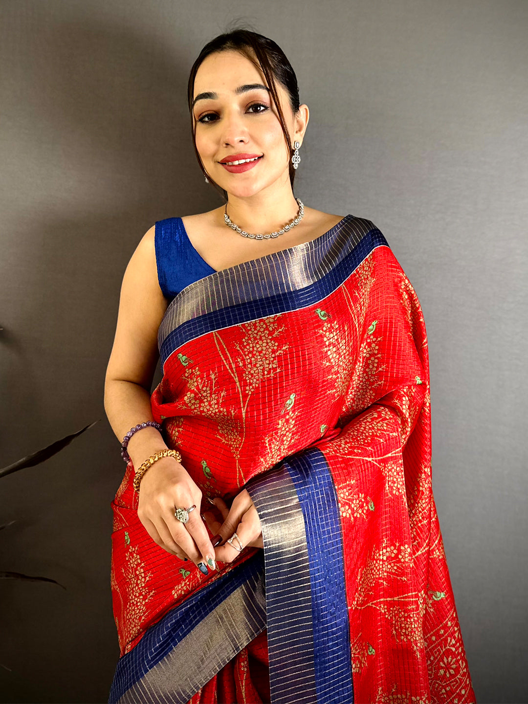 Red Tussar Zari Chex Bird Motif Saree