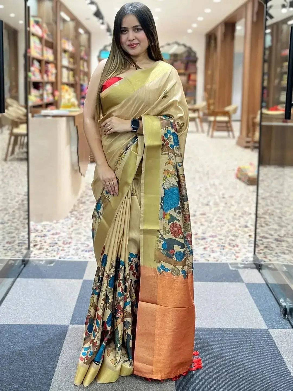Stylish Pen Kalamkari saree in linen tissue with floral patterns Vastranand 
