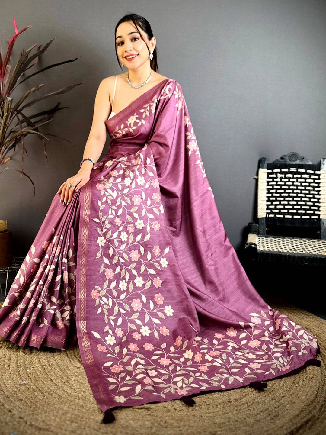 Mauve Tussar Ghicha Digital Print Saree