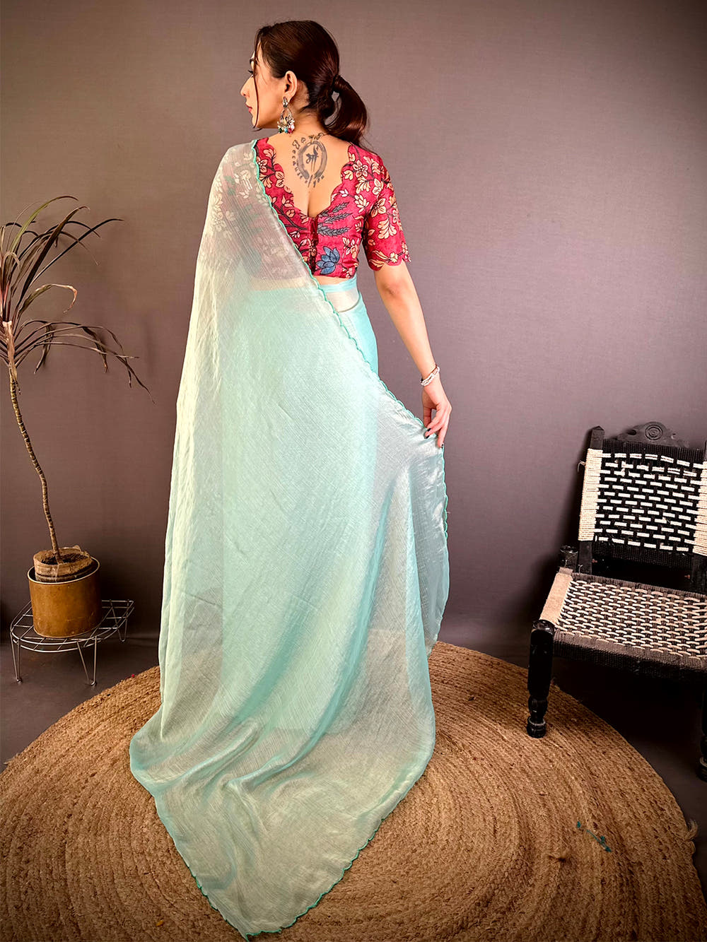 Elegant Aqua Resham Work Chiffon Saree